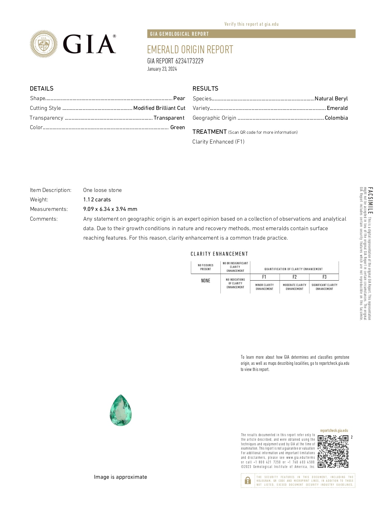 1.12 ct Pear Cut Colombian Emerald