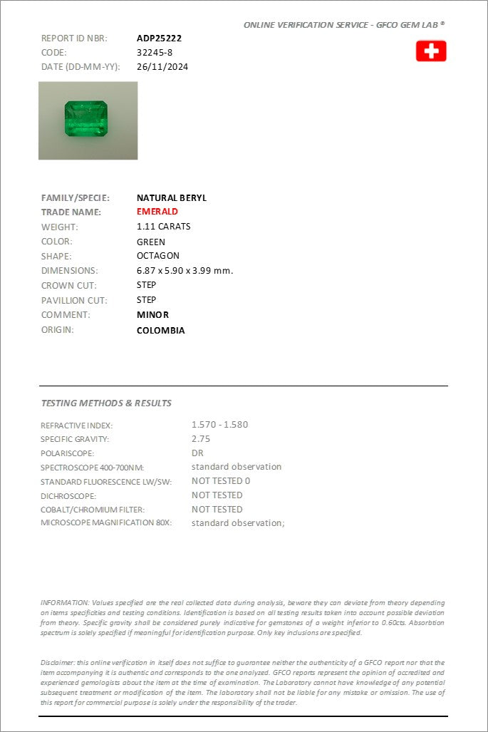 1.11 ct Emerald Cut Colombian Emerald