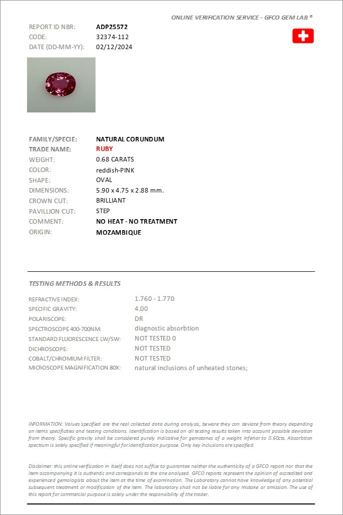 0.68 ct Oval Cut Mozambique Ruby
