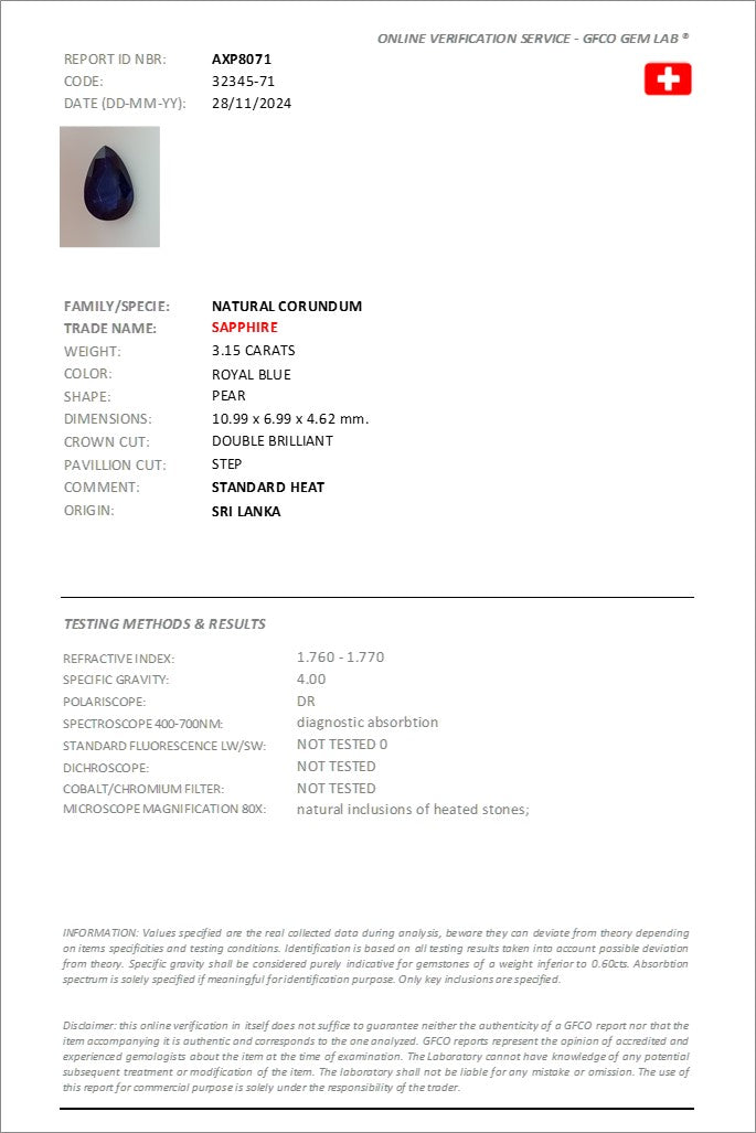 3.15 ct Pear Cut Sri Lankan Sapphire