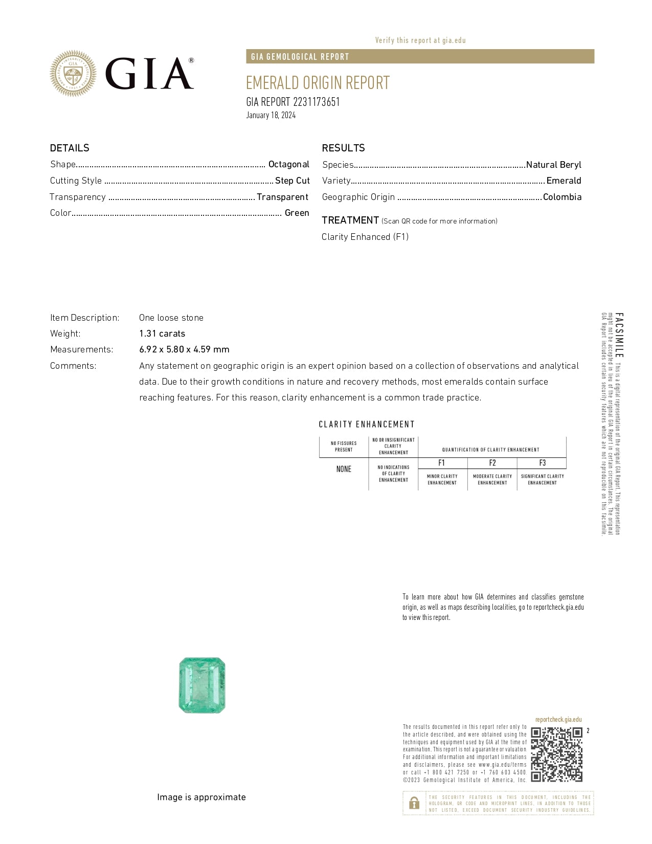 1.31 ct Emerald Cut GIA Colombian Emerald