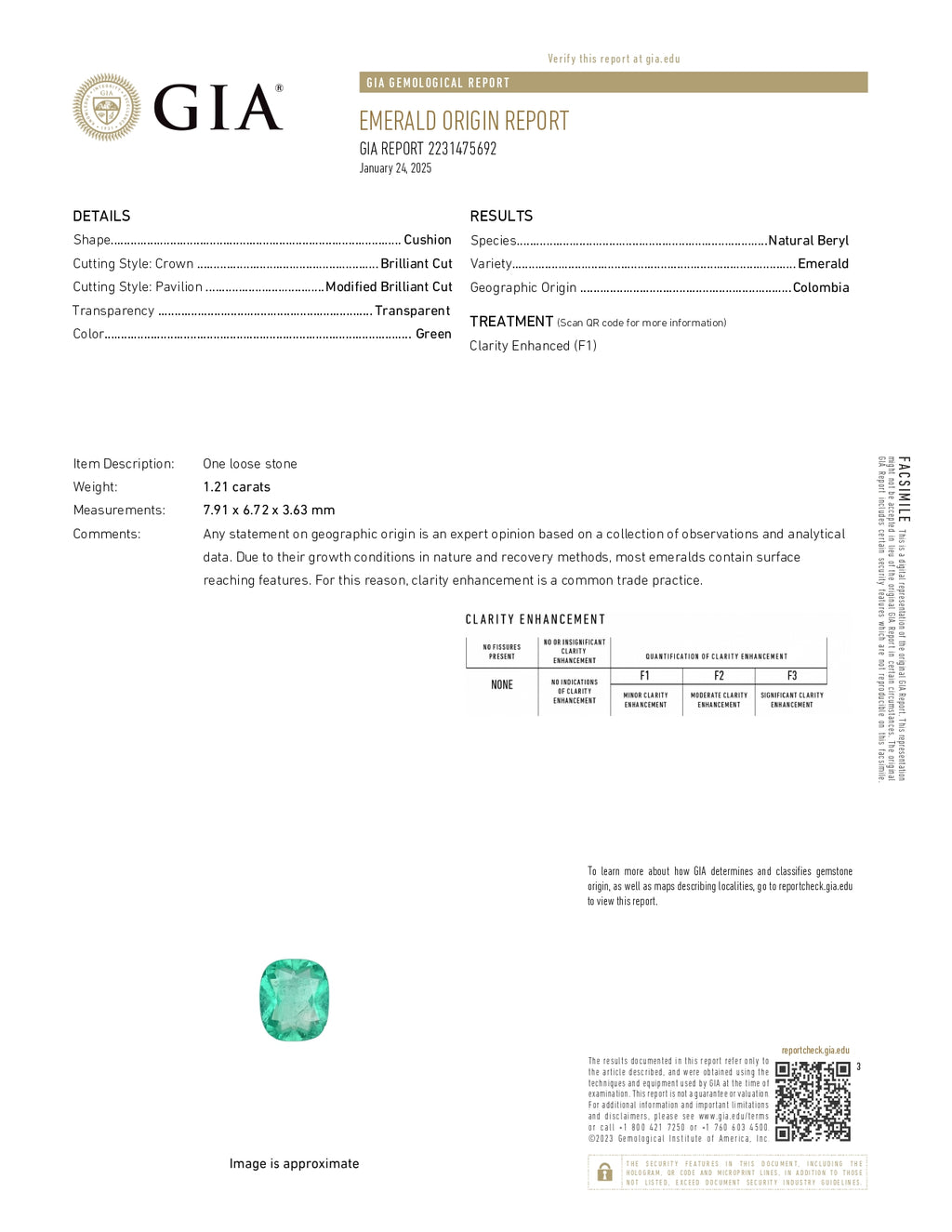 1.21 ct Cushion Cut GIA Colombian Emerald