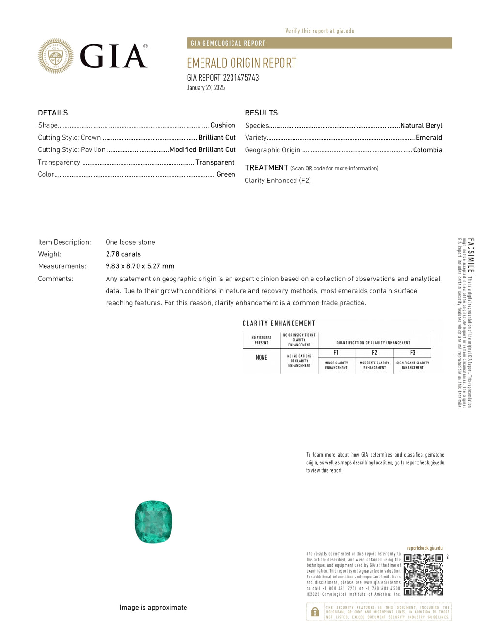 2.78 ct Cushion Cut GIA Colombian Emerald