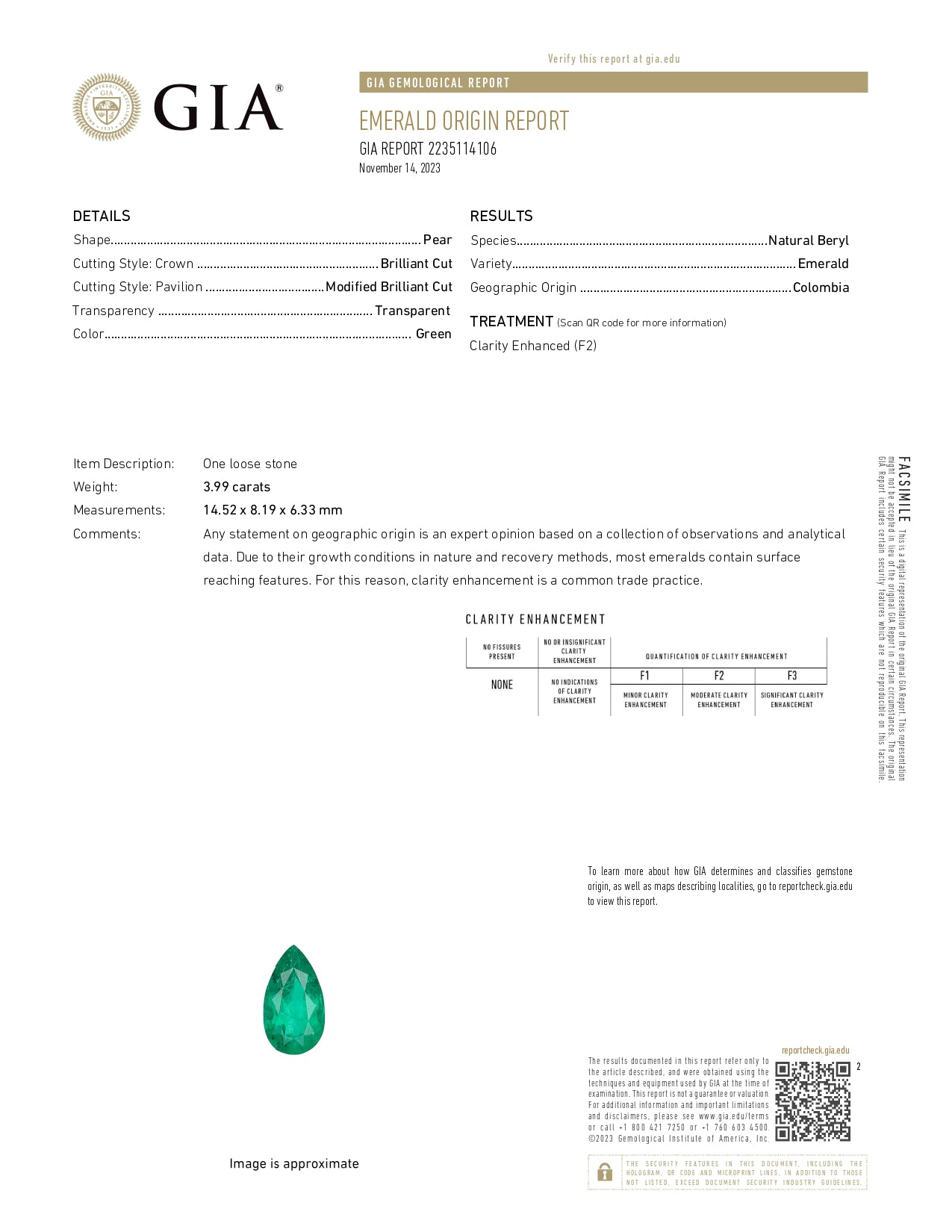 3.99 ct Pear Cut Colombian Emerald