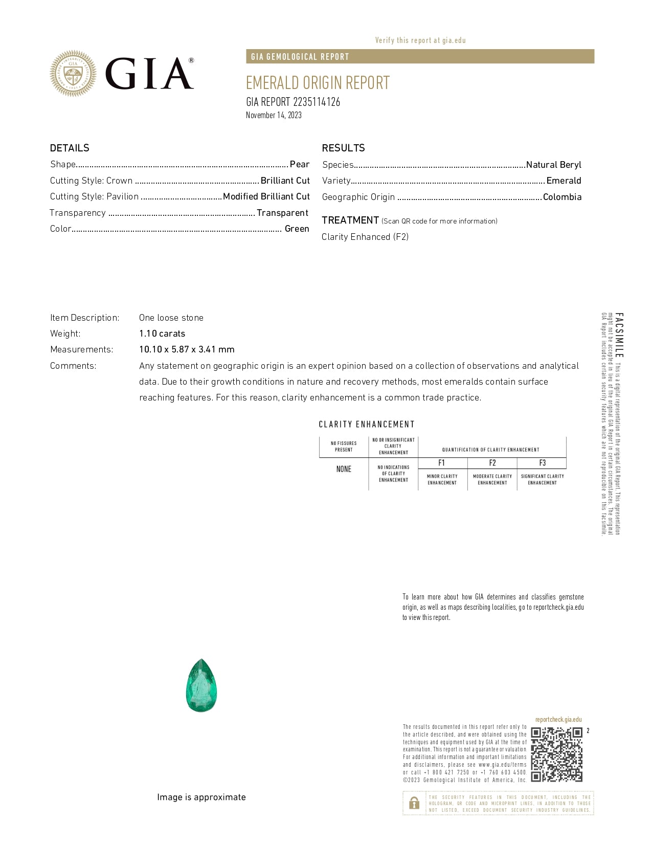 1.10 ct Pear Cut Colombian Emerald