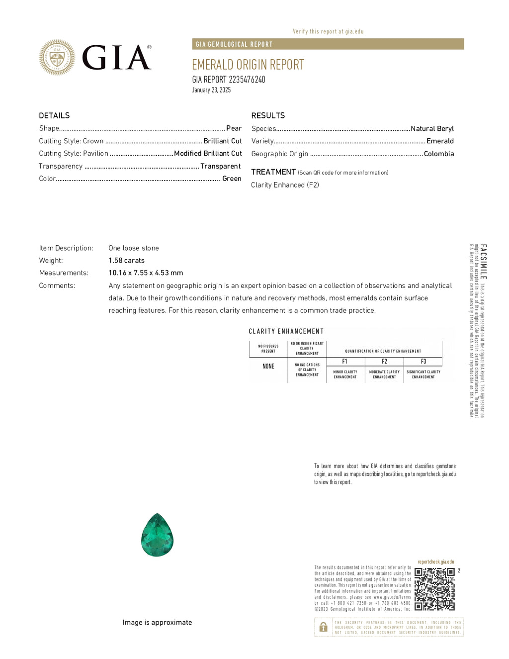 1.58 ct Pear Cut Colombian Emerald