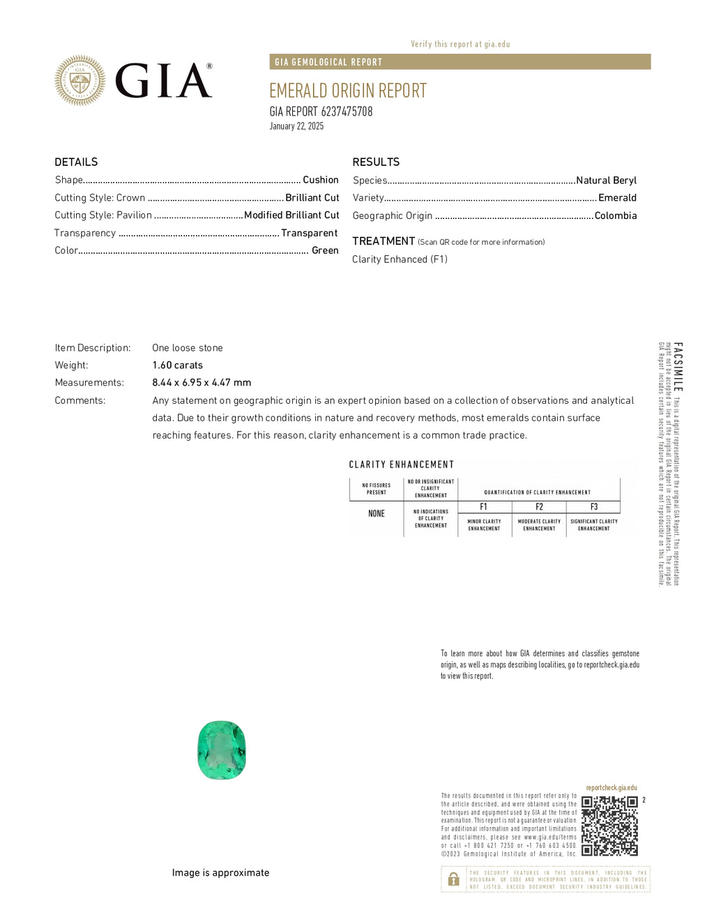 1.60 ct Cushion Cut GIA Colombian Emerald