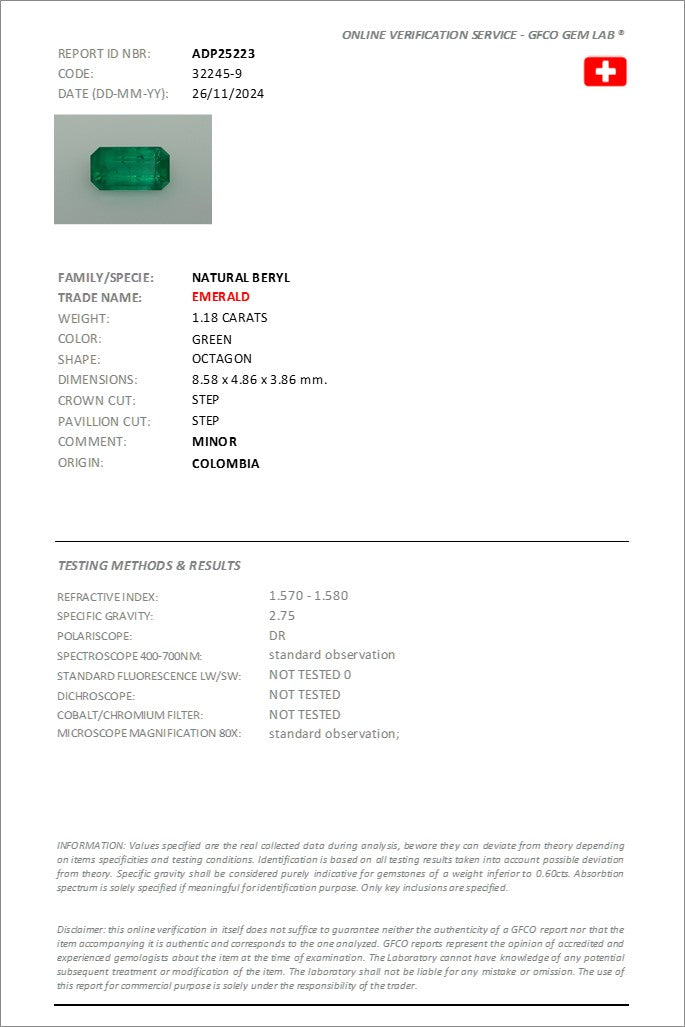 1.18 ct Emerald Cut Colombian Emerald