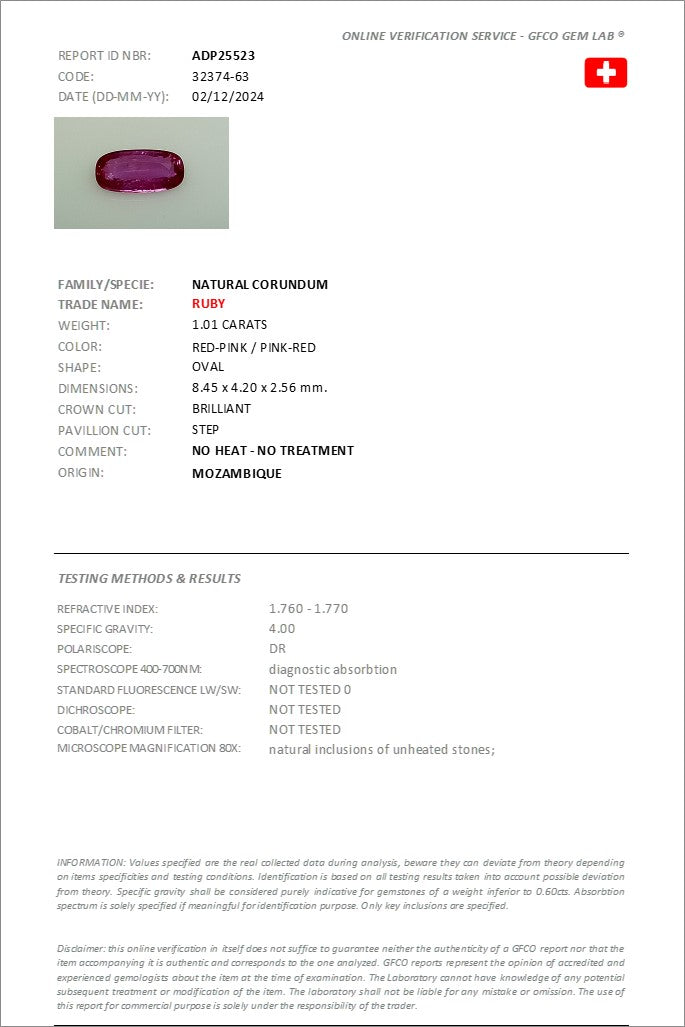 1.01 ct Oval Cut Mozambique Ruby