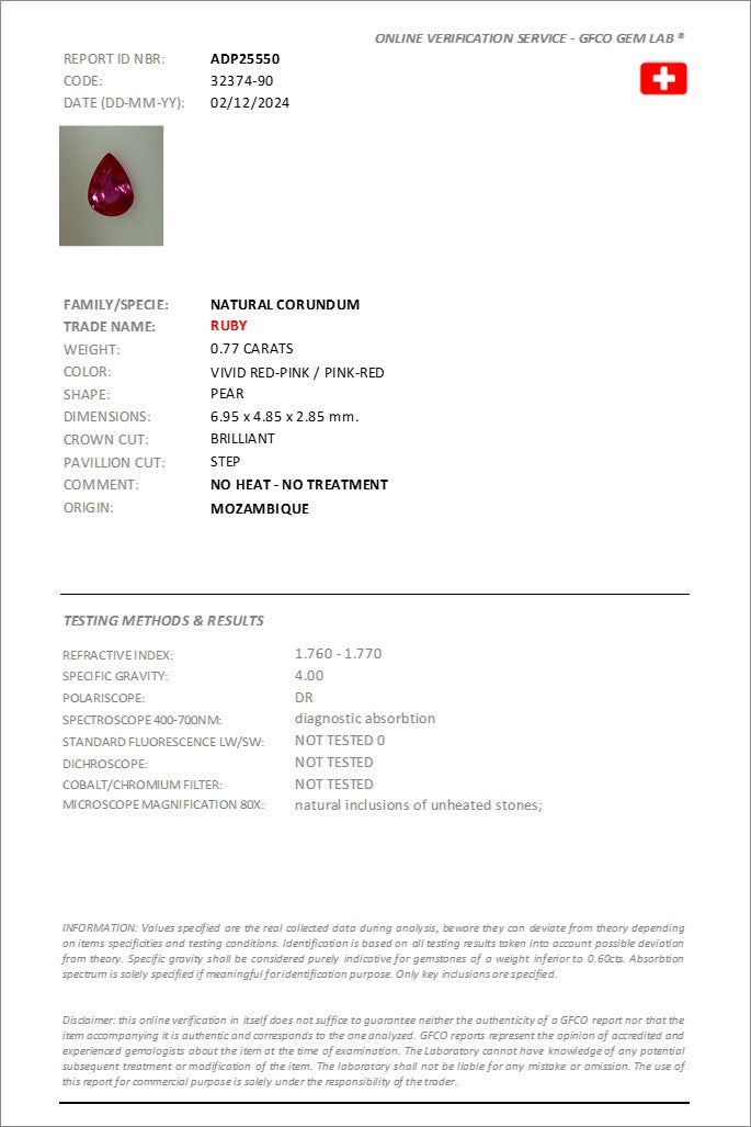 0.77 ct Pear Cut Mozambique Ruby